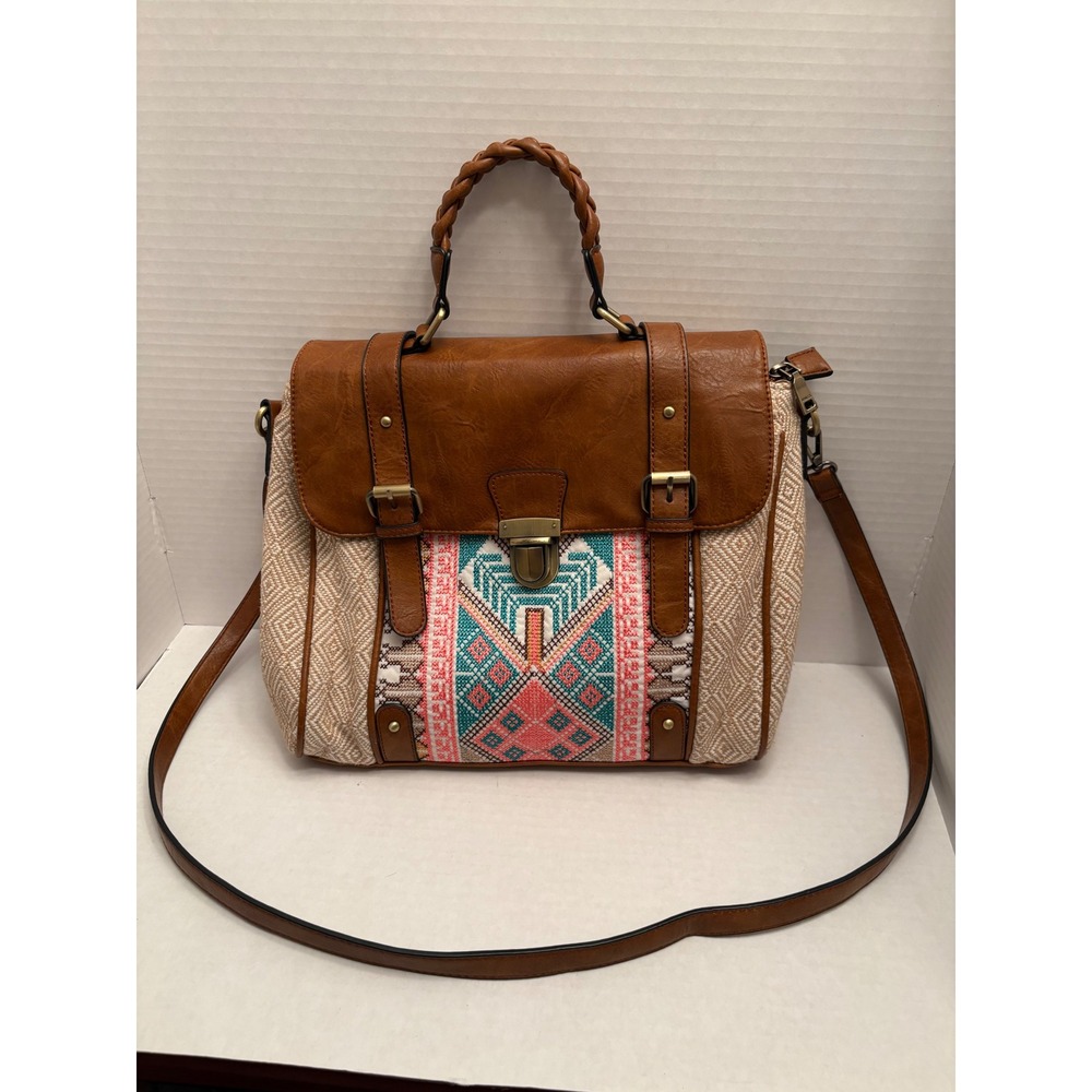 Jen & Co. Southwestern Embroidered Satchel Crossbody Bag Brown Vegan Leather